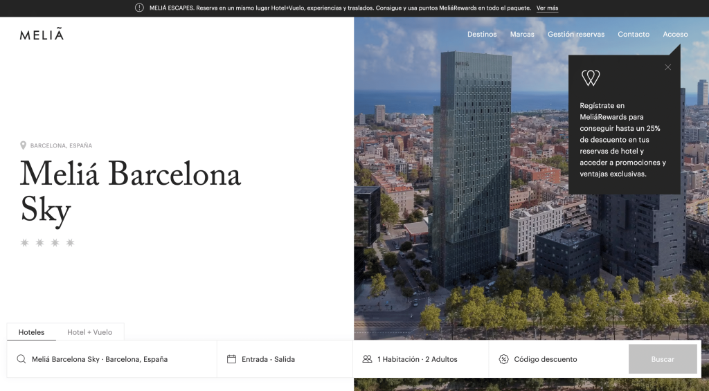 Landing page del hotel Meliá en Barcelona